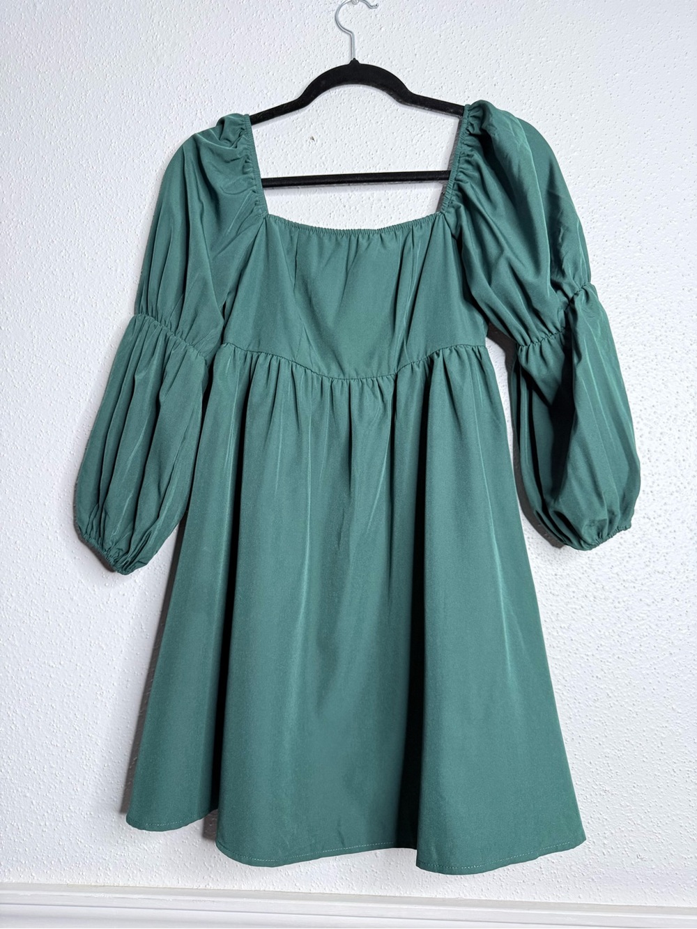 EXLURA Green Puff Sleeve Mini Dress Small Square Neck